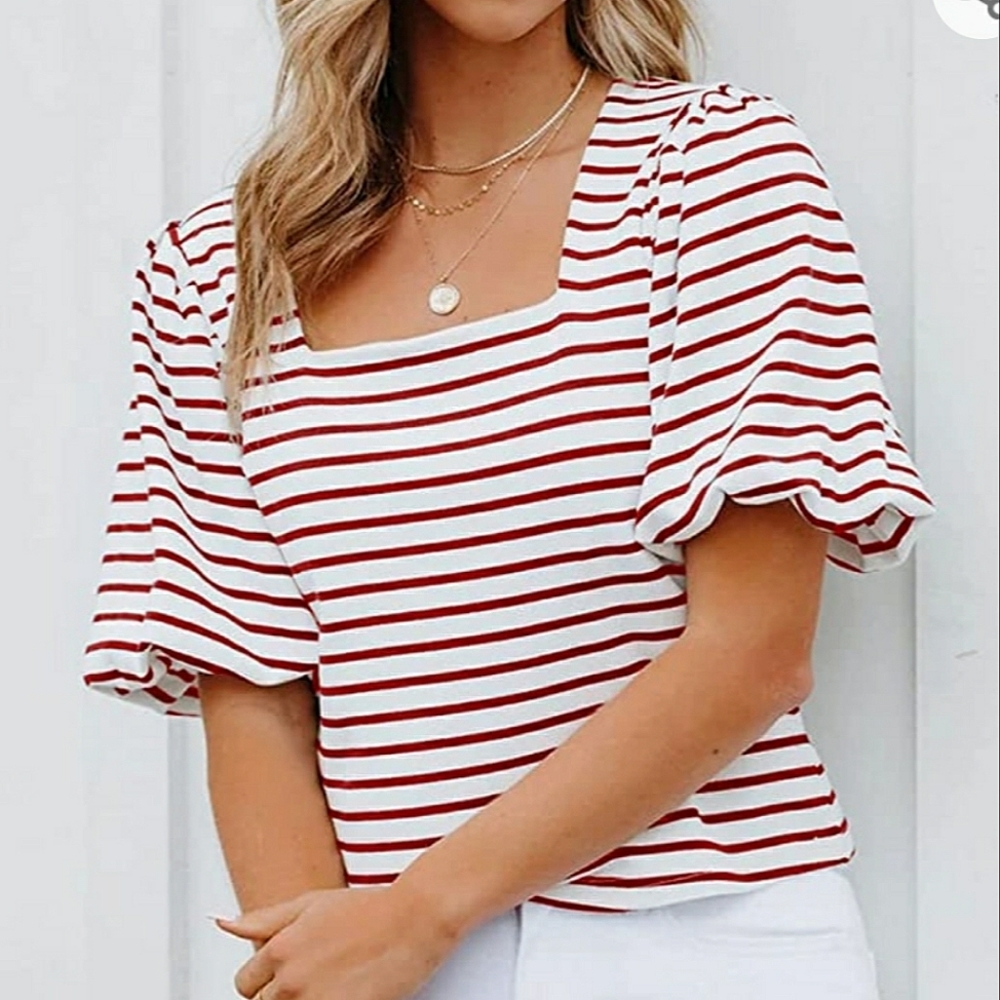 DOROSE Casual Puff Sleeve LooseWhite w/Red Stripes Square Neck T-Shirt Size S